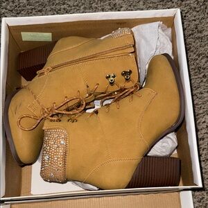 XOXO Tan Lace Up Boots with Rhinestone Detail
